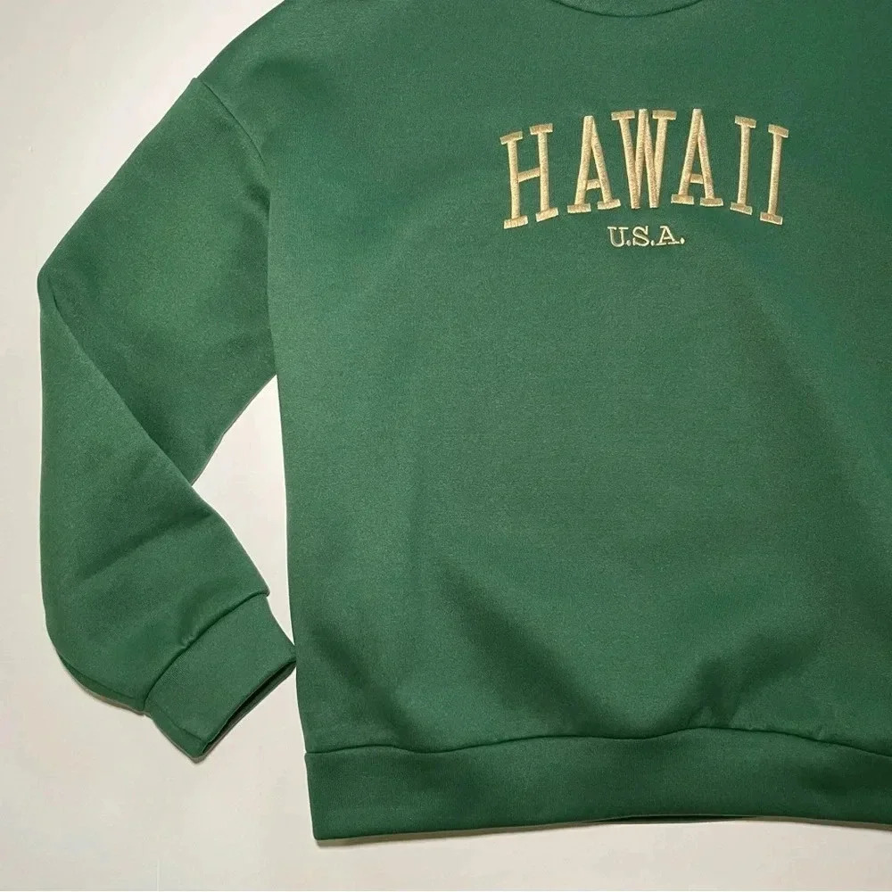 SHEIN Cozy Embroidered Gold HAWAII USA Green Crewneck Sweater Size SM/US 4 - Picture 6 of 14